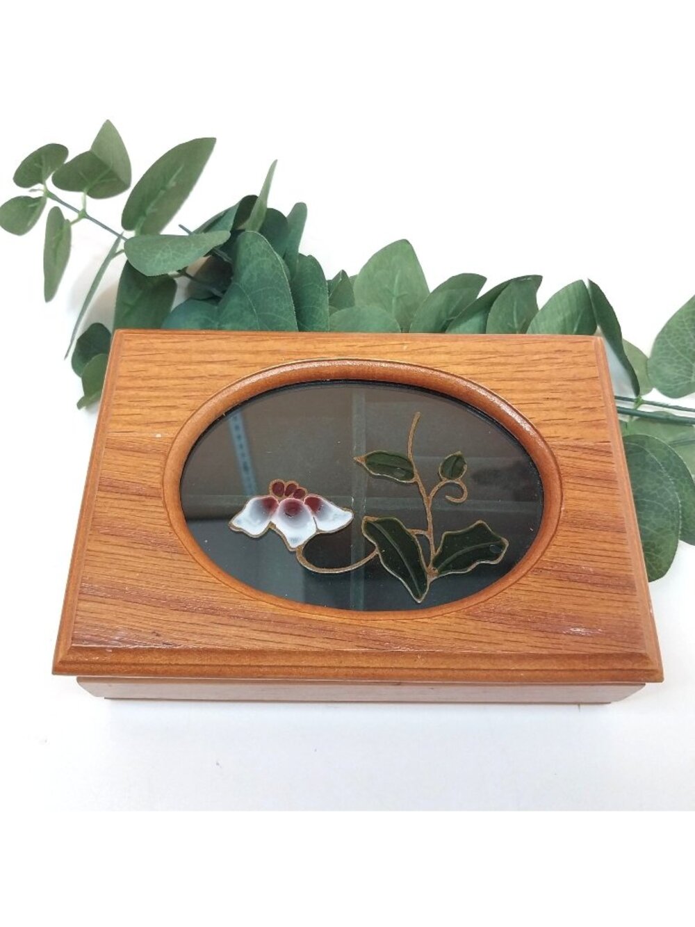 Vintage Wooden Jewelry Box Hinged Lid Stained Glass Floral Velvet Lining